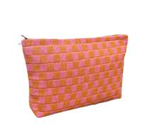 GUTGNK Borsa per il trucco a scacchi da donna, rosa e arancione, borsa da toilette da viaggio, borsa da viaggio in tela di grande capacità, borsa portaoggetti dal design estetico, grazioso astuccio