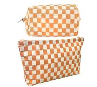 GUTGNK Borsa per il trucco a scacchi per le donne - Borsa per cosmetici bianca giallastra borsa da viaggio borsa da toilette in tela di grande capacità borsa portaoggetti esteticamente progettata