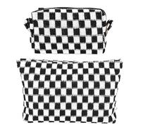 GUTGNK Trousse per trucchi a scacchi da donna, rosa, trousse da viaggio per articoli da toeletta di grande capacità, in tela, design estetico, grazioso astuccio, confezione da 2 pezzi, colore nero, 28