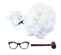 Gutol 3 accessori per costume da giudice, martello di legno da giudice, occhiali neri e parrucche con treccia, parrucca da avvocato da gentiluomo per cosplay (bianca)
