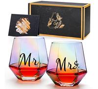 Gutsdoor Mr and Mrs - Set di 2 bicchieri da vino iridescenti senza stelo da 295 ml, a forma di diamante, bicchieri da vino arcobaleno unici per San Valentino, fidanzamento, matrimonio, regalo per lui