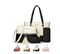 GUUZETU Set di borse tote 4 in 1 da donna a blocchi di colore, borsa a tracolla in pelle PU con tracolla, pochette e portacarte (White-Black)