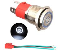 GUUZI 220V / 15A Interruttore a Pulsante a Scatto NO Impermeabile LED Bianco Illuminato Pulsante di Avviamento in Metallo da 19 mm con Presa di Corrente