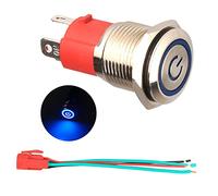 GUUZI 220V / 15A Interruttore a Pulsante a Scatto NO Impermeabile LED Blu Illuminato Pulsante di Avviamento in Metallo da 19 mm con Presa di Corrente