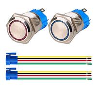 GUUZI 2pcs Pulsanti Momentanei 1NO1NC Guscio in Acciaio Inossidabile Impermeabile 220V-230V/5A Anello LED Pulsante Illuminato con Presa filo Adatto per foro di Montaggio da 16mm (Blu+Rosso)