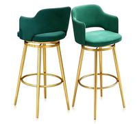 Guyifuny Set di sgabelli da bar in velluto da 1/2/3/4, sgabello moderno girevole con struttura in metallo dello schienale, sedia da colazione con schienale e poggiapiedi(75cm Green Gold Leg,Set of 2)