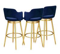 Guyifuny Set di sgabelli da bar in velluto da 1/2/3/4, sgabello moderno girevole con struttura in metallo dello schienale, sedia da colazione con schienale e poggiapiedi(75cm Blue Gold Leg,Set of 3)