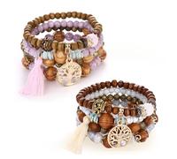 Guyode 2 Pezzi Braccialetti Amicizia, Bohemien Braccialetto Donna, Unisex Bracciale Ragazza, Moda Braccialetti Perline, Perline e Nappe in Legno Bracciali Estivi per Cene Feste Celebrazioni Bballi