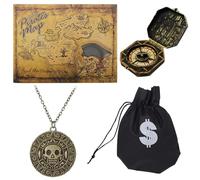 Guyode 4 Pezzi Accessori Costume da Pirata, Bussola + Borsa per Monete D'oro + Mappa + Collana con Teschio, Costume Pirata Uomo per Halloween Carnevale, Feste a Tema, Cosplay