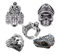 Guyode 5 Pezzi Anello Uomo, Anello Uomo Regolabile, Argento Nero Stile Retrò Anelli da Motociclista Hip Hop Punk Y2K Accatastabili Halloween Chunky Rings Set (Lion, Cranio, Python)