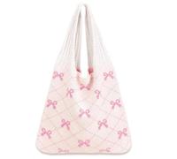 Guyode Borsa Uncinetto, Borsa Beige All'Uncinetto con Fiocchi Rosa, Borse A Tracolla All'uncinetto Per Le Donne, Grande Borsas Estetica da Spiaggia per Donne, per Tutti i Giorni, Shopping e Vacanza