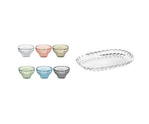 Guzzini Fratelli, Set 6 Copette, Tiffany, Multicolore, 12 cm & Vassoio a Servire Piccolo Tiffany, Trasparente, 32 x 22.5 x h3 cm