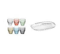 Guzzini SET 6 Bicchieri BAS TIFFANY ASSORTED & Vassoio a Servire Piccolo Tiffany, Trasparente, 32 x 22.5 x h3 cm