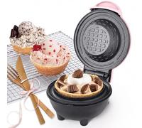 GVAKMM Mini cialde rosa con forchetta e coltello in bambù, piccola macchina per waffle da 10 cm, per gelato, tacos e dessert, 350 W, antiaderente, regalo compatto per bambini e famiglia