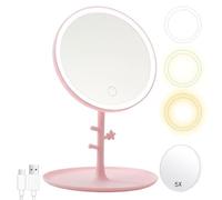 GVEFIVME Specchio cosmetico con luce LED, specchio da trucco illuminato per trucco, rasatura e usura delle lenti a contatto, 3 colori di luce e luminosità regolabile (rosa)