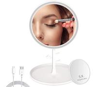 GVEFIVME Specchio da trucco ricaricabile con luce, specchio da scrivania a LED, dimmerabile, rotondo, con 3 impostazioni di colore, controllo touch, rotazione di 120 gradi (bianco)