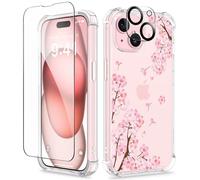 GVIEWIN Cover Compatibile con iPhone 15 6,1" 2023, con 1 Pellicole in Vetro Temperato e 1 Pellicole per Fotocamera, Cover Sottile in TPU Trasparente Fiore Non Giallo Antiurto AntiGraffio, Sakura/Rosa