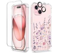 GVIEWIN Cover Compatibile con iPhone 15 6,1" 2023, con 1 Pellicole in Vetro Temperato e 1 Pellicole per Fotocamera, Cover Sottile in TPU Trasparente Fiore Non Giallo Antiurto AntiGraffio,Floratopia
