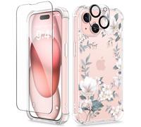 GVIEWIN Cover Compatibile con iPhone 15 6,1" 2023, con 1 Pellicole in Vetro Temperato e 1 Pellicole per Fotocamera, Cover Sottile in TPU Trasparente Fiore Non Giallo Antiurto AntiGraffio,Magnolia