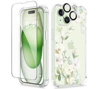 GVIEWIN Cover Compatibile con iPhone 15 6,1" 2023, con 1 Pellicole in Vetro Temperato e 1 Pellicole per Fotocamera, Cover Sottile in TPU Trasparente Fiore Non Giallo Antiurto AntiGraffio,Ibisco/Verde