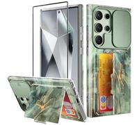GVIEWIN Custodia Compatibile con Samsung Galaxy S24 Ultra con Cover Fotocamera Slide+Supporto Porta Carte di Credito+Proteggi Schermo, Custodia Antiurto in Marmo 5G 6.8" 2024, Sogno del deserto