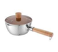 GVNFJKJK Pentola in Acciaio Inossidabile, Pentola for Salsa di Latte in Acciaio Inossidabile con Coperchio in Vetro Marrone, Manico in Legno faggio for Cucinare in Cucina, Senza(with Lid,18cm/7in)