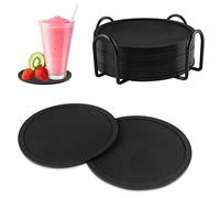 Gvolatee 12 Pezzi Sottobicchieri Silicone Nero con Supporto Set, Personalizzati Sottobicchiere in Silicone Forma di Dischi in Vinile per Bevande, Rotondi Sottobottiglia da Tavola, Birra Bar e Auto