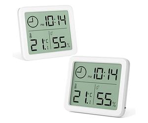 Gvolatee 2 pezzi Mini Termometro Digitale Ambiente Interno, Igrometro Portatile Grande Schermo con Orologio, Bianco Preciso Termoigrometro, Misuratore Umiditàper Casa, Cameretta, Ufficio, Serra