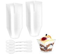 Gvolatee 50 Pezzi 60 ml/2oz tazze bicchieri da dessert con Cucchiai Plastica, Finger Food Contenitori Riutilizzabili Quadrati Trasparenti per Budini, Mousse, Gelati, Compleanni, Matrimoni