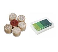 Gvvsjgdbis Inkpad Craft Multi Gradient Green 4 x Colori Inchiostro Pad Base Olio con 6 timbri assortiti in legno gomma