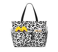 GVYGVY Grande borsa da spiaggia da donna a prova di sabbia, alla moda, con stampa leopardata nera e bianca, borsa tote con cerniera