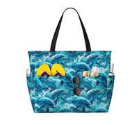 GVYGVY Grande borsa da spiaggia da donna a prova di sabbia, blu con stampa di delfini, estiva, viaggi, lavoro, borsa tote con cerniera