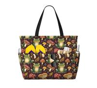 GVYGVY Grande borsa da spiaggia da donna a prova di sabbia, con stampa a forma di rana e fungo, borsa tote con cerniera