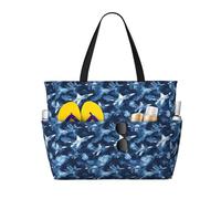 GVYGVY Grande borsa da spiaggia da donna a prova di sabbia, con stampa aeronautica mimetica blu navy, borsa tote con cerniera