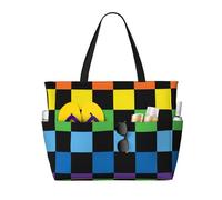 GVYGVY Grande borsa da spiaggia da donna a prova di sabbia, con stampa arcobaleno nera a scacchi, estiva, viaggi, lavoro, con cerniera