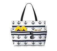 GVYGVY Grande borsa da spiaggia da donna a prova di sabbia, con stampa di ancora, blu e bianca, borsa tote con cerniera