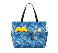 GVYGVY Grande borsa da spiaggia da donna a prova di sabbia, con stampa di delfini blu oceano, borsa tote con cerniera
