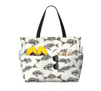 GVYGVY Grande borsa da spiaggia da donna, a prova di sabbia, con stampa di scheletri e pesci fossili, borsa tote con cerniera