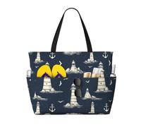 GVYGVY Grande borsa da spiaggia da donna a prova di sabbia, con stampa di un faro, ancora e gabbiano, borsa tote con cerniera