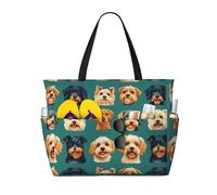 GVYGVY Grande borsa da spiaggia da donna a prova di sabbia, con stampa di un simpatico volto di cucciolo, borsa tote con cerniera