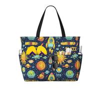 GVYGVY Grande borsa da spiaggia da donna a prova di sabbia, con stampa spaziale con cartoni animati, estiva, viaggi, lavoro, con cerniera