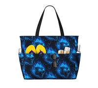 GVYGVY Grande borsa da spiaggia da donna, a prova di sabbia, con testa di lupo e fulmini, stampa con fiamme blu, borsa tote con cerniera