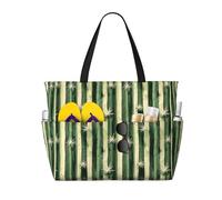 GVYGVY Grande borsa da spiaggia da donna a prova di sabbia, stampa a righe verticali con cactus, estiva, viaggi, lavoro, borsa tote con cerniera