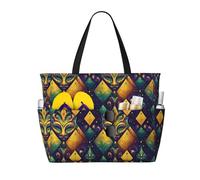 GVYGVY Grande borsa da spiaggia da donna a prova di sabbia, stampa in maschera gialla e verde, borsa tote con cerniera