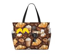 GVYGVY Grande borsa da spiaggia da donna, resistente alla sabbia, con stampa di caffè e pane, estiva, viaggi, lavoro, con cerniera