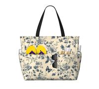 GVYGVY Grande borsa da spiaggia da donna, resistente alla sabbia, con stampa di farfalle e fiori blu inchiostro, per viaggi estivi, lavoro, con cerniera