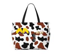 GVYGVY Grande borsa da spiaggia da donna resistente alla sabbia - marrone nero stampa mucca estate viaggio lavoro tote bag con cerniera