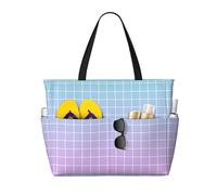 GVYGVY Grandi borse da spiaggia per le donne a prova di sabbia - blu rosa Ombre griglia stampa (a) estate viaggio lavoro Tote Bags con cerniera