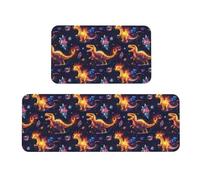 GVYGVY Set di 2 tappeti da cucina antifatica per il pavimento - Fantastici dinosauri fiamme - Tappeto da cucina lavabile e antiscivolo per ufficio, bagno, lavanderia, decorazione