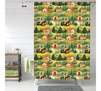 GVYGVY Tende da doccia in tessuto per bagno, 152 x 182 cm, stampa trattore con villaggio dei cartoni animati, tende da doccia opache, tenda da dormitorio con ganci